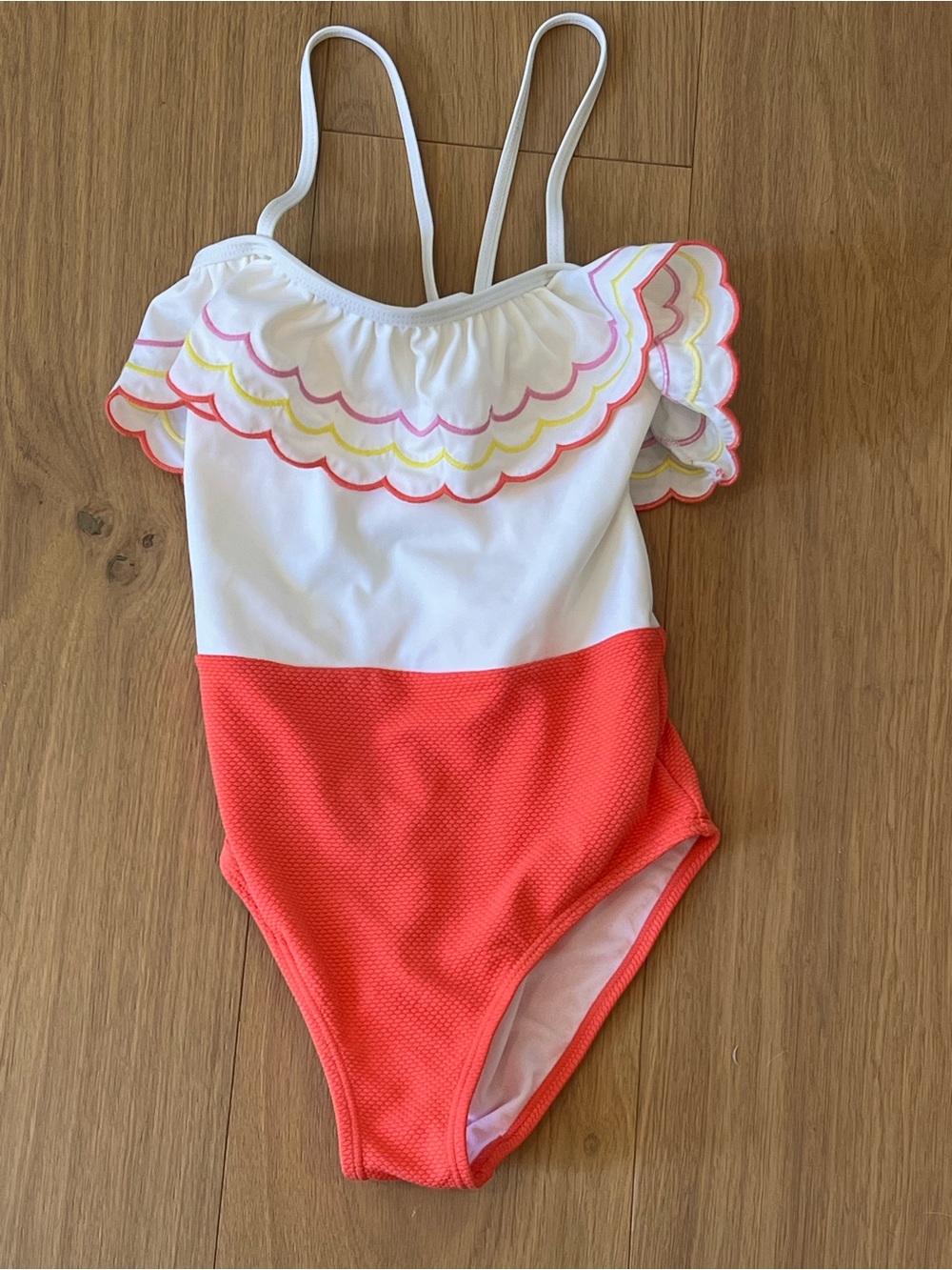 Janie & Jack White & Coral Girls One-Piece Swimsuit Scallop Embroidered Trim 12